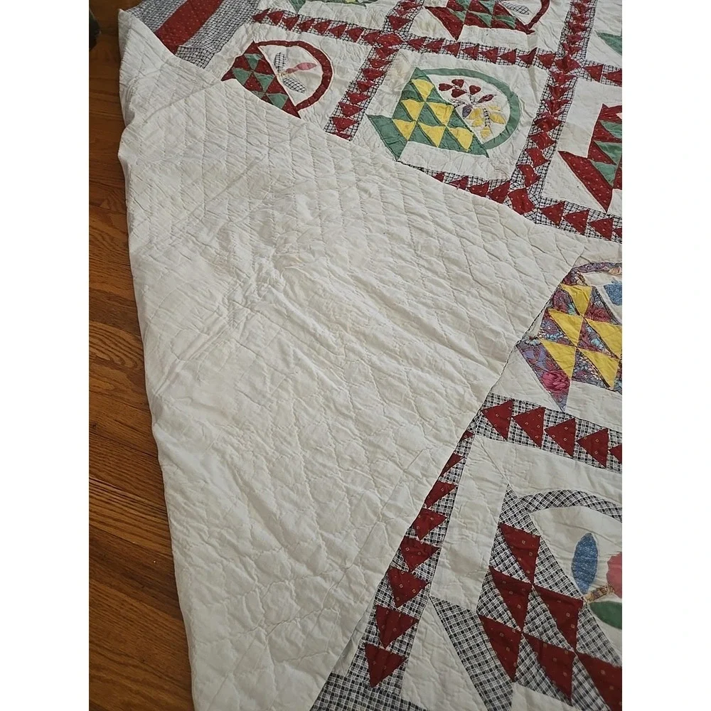 Vtg Grannycore Cottagecore Flower Basket Quilt Handmade Stiched 88